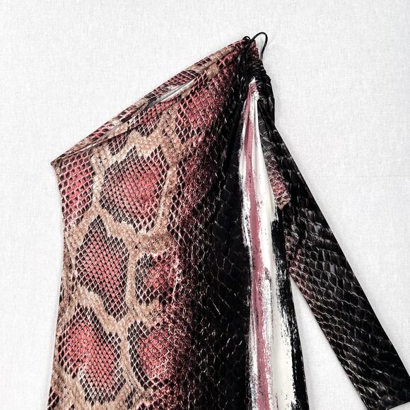ROBERTO CAVALLI Python Printed One Sleeve Dress XL Pink Black Snake Asymmetric - Picture 4 of 13